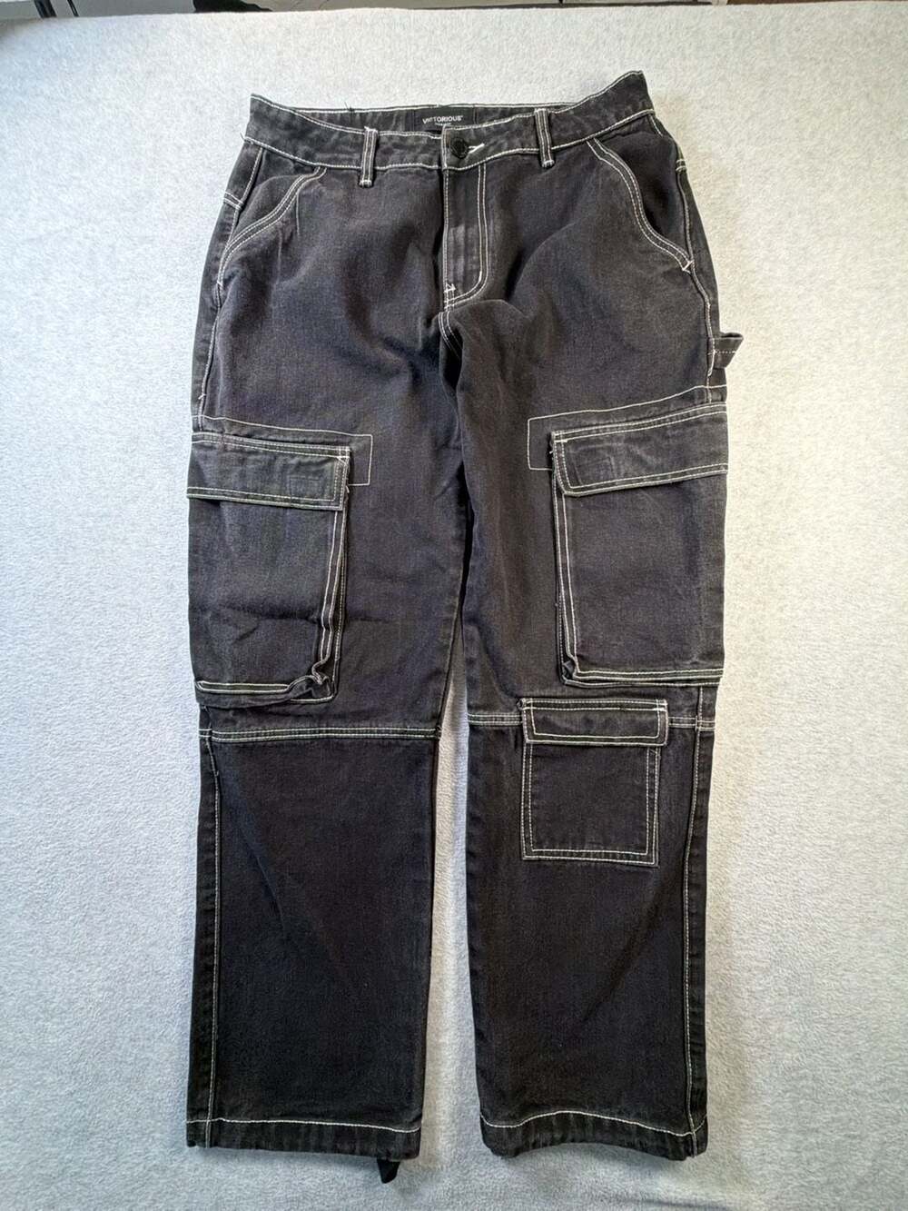 Victorious Black Denim Cargo Pants with Contrast Stitching
